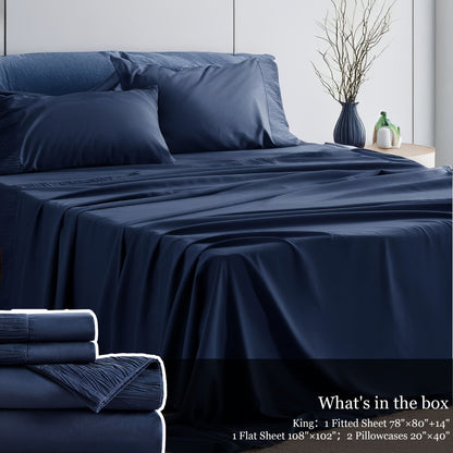 Sheet Set, Four-Piece Solid-Color Bedding with Deep-Pocket Fitted Sheet, Flat Sheet and Two Pillowcases