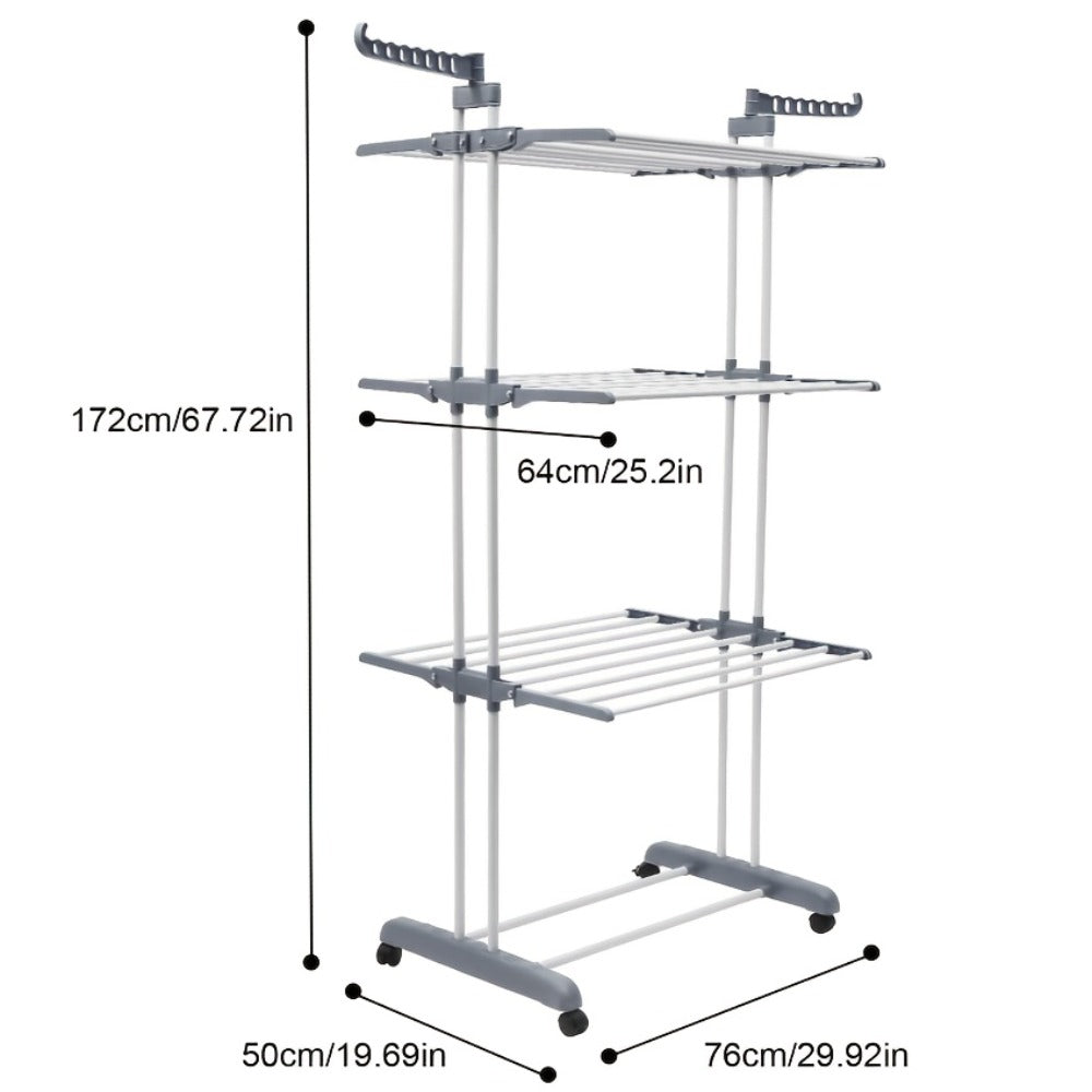 Four-Tier Foldable Metal Clothes Drying Rack with Casters for Up to 30 Garments and Small Spaces