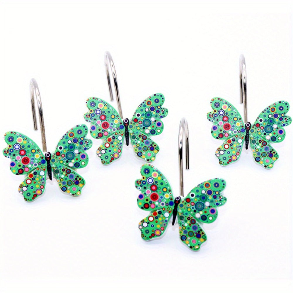 12-Piece Butterfly Shower Curtain Hook Set in Green, Blue or Multicolor Decorative Designs
