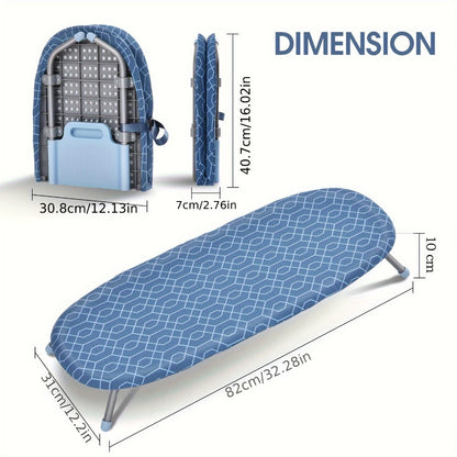 Mini Blue Tabletop Ironing Board with Short Folding Legs, Hanging Loop and Geometric Cover