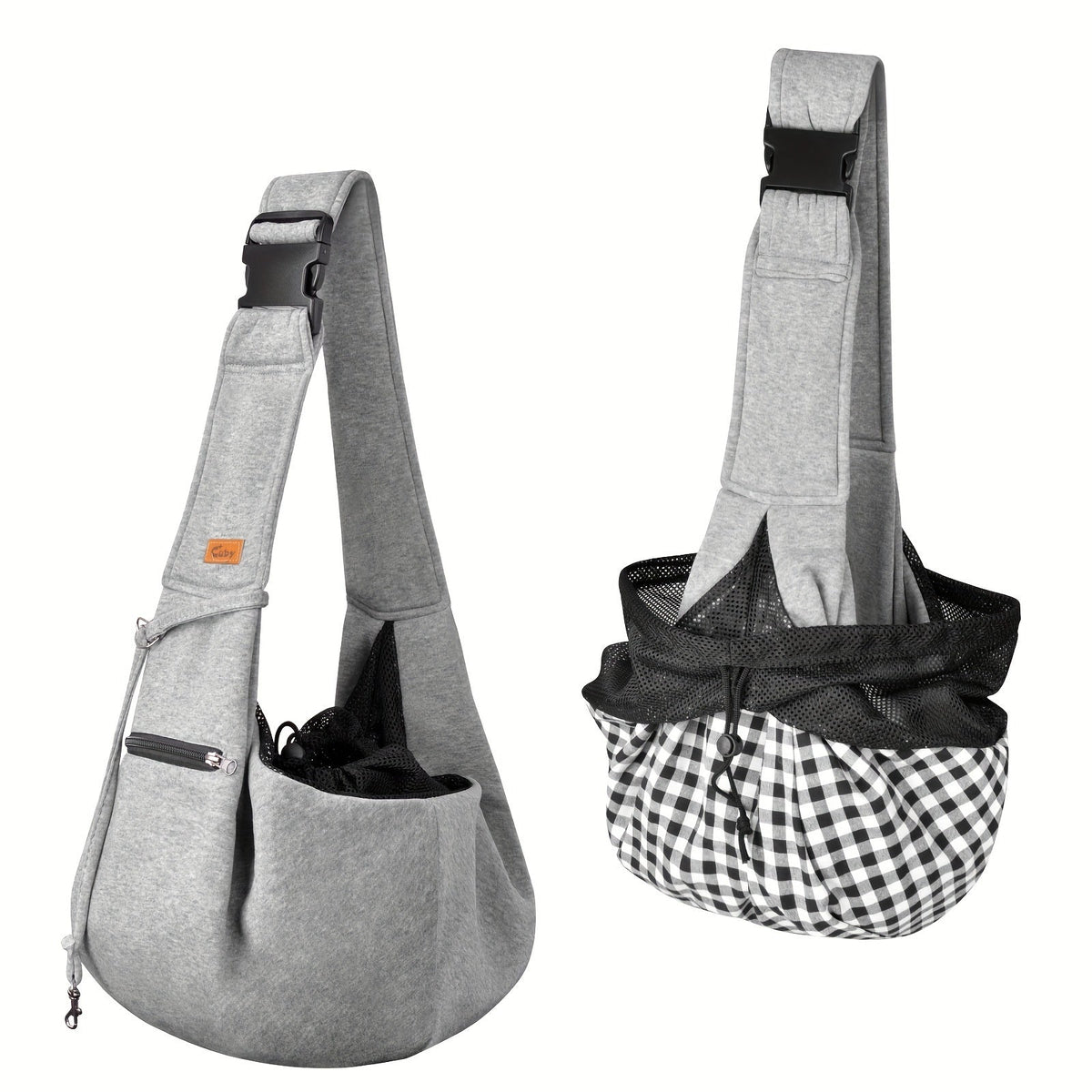 Adjustable Pet Sling Carrier Bag in Black, Gray or Blue with Wide Shoulder Strap and Gingham Interior
