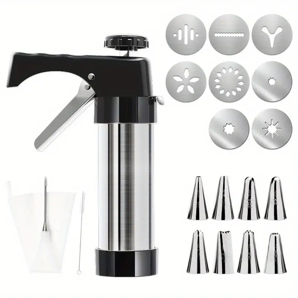 Eight-Piece Manual Cookie Press with Eight Discs and Stable Base for Biscuits and Pastry Baking