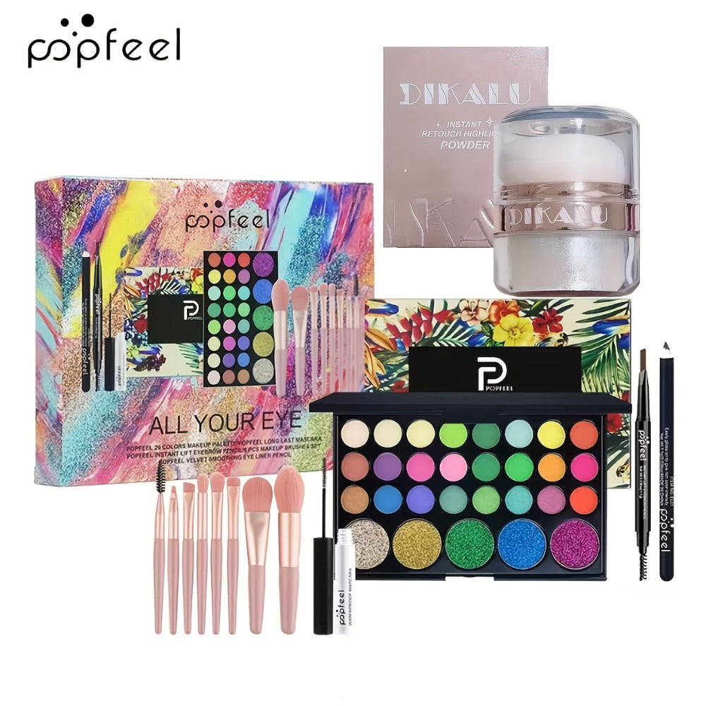 Makeup Gift Set POPFEEL 29-Color Eyeshadow Palette + Mascara + Eyeliner + Brow Pencil + Highlighter Powder + 7-Piece Brush Set | Complete Eye & Face Kit for All Skin Types | Beginner Friendly