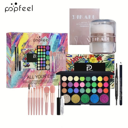 Makeup Gift Set POPFEEL 29-Color Eyeshadow Palette + Mascara + Eyeliner + Brow Pencil + Highlighter Powder + 7-Piece Brush Set | Complete Eye & Face Kit for All Skin Types | Beginner Friendly