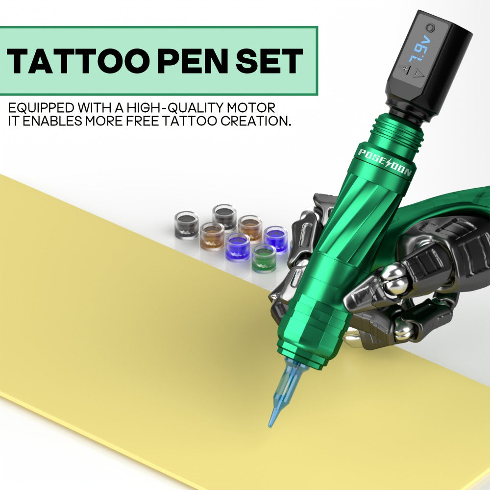 Tattoo Machine Kit POSEIDON V3 PRO LTK06 Wireless Pen with Extra 1400mAh Battery, LCD, 20 Cartridges and 6 Inks