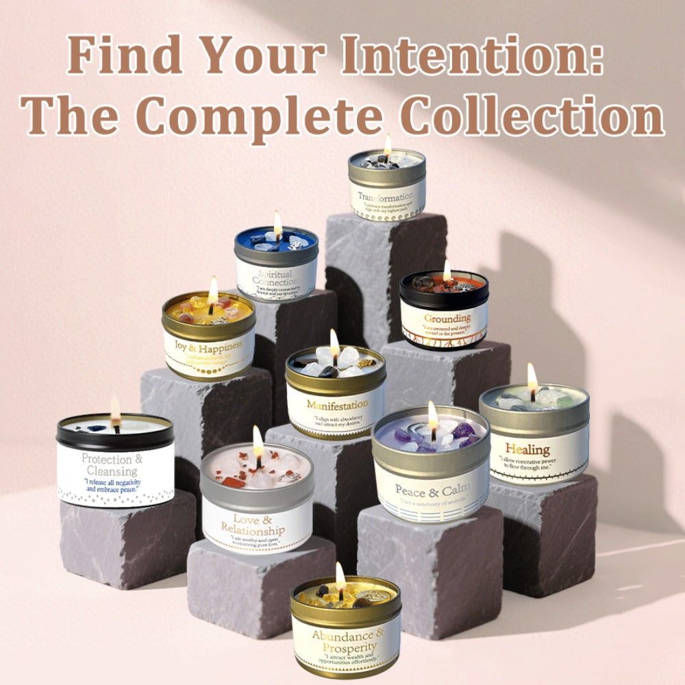 Crystal-Style Tin Candle with Eleven Intention Labels and One- or Two-Piece Checkout Options