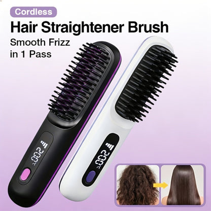 Cordless Straightening Brush Hair Styling Tool with Rechargeable Power and Black or White Finish