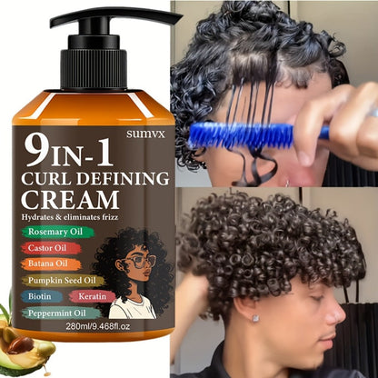 280ml 9-in-1 Curl Defining Cream in Pump Bottle with Pictured Botanical Ingredient Blend for Wavy Hair
