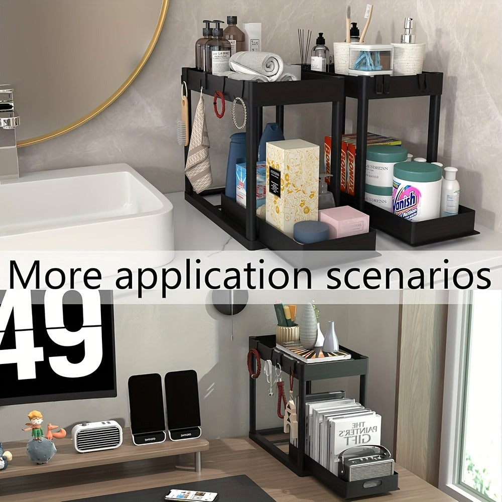 Under Sink Storage Organizer Set of 2 with Dual-Tier Sliding Baskets and 8 Hooks in Three Colors