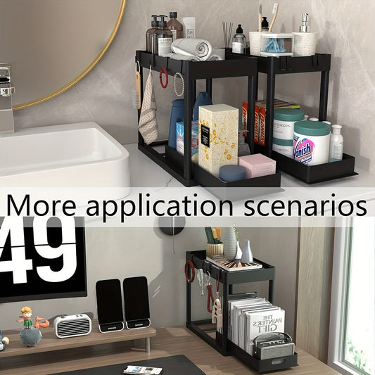 Under Sink Storage Organizer Set of 2 with Dual-Tier Sliding Baskets and 8 Hooks in Three Colors
