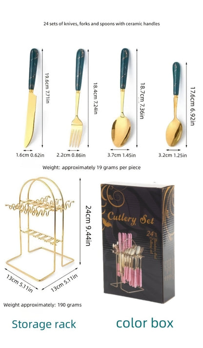 Stainless Steel Flatware Set 24pcs Marbled Handle Knives Forks Spoons with Gift Box & Storage Rack