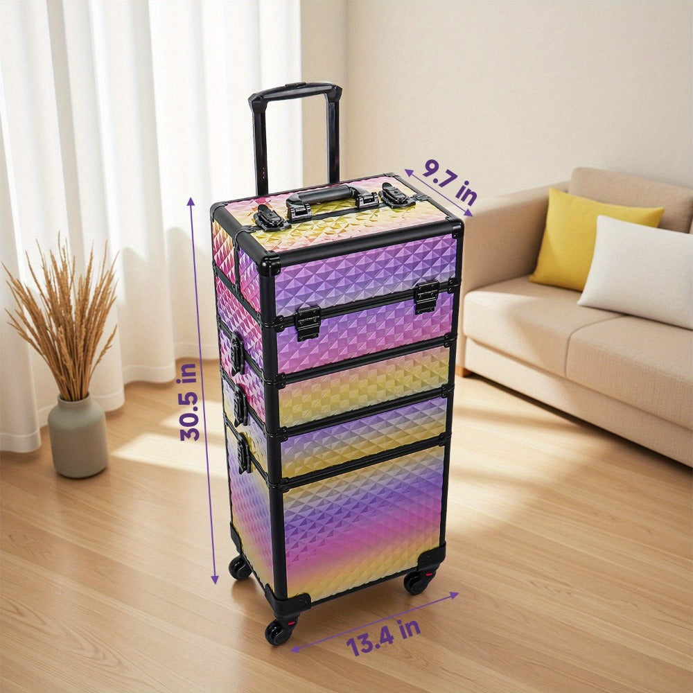 Rolling Makeup Train Case 4-in-1 Large Portable Cosmetic Trolley with 360 Degree Swivel Wheels Beauty Sponge Included Professional Salon Travel Organizer Gradient Purple Rose Gold
