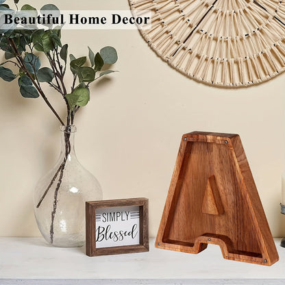 Wooden Alphabet Letter Coin Bank with Clear Front Panel and 23 Fixed Initial Options for Display