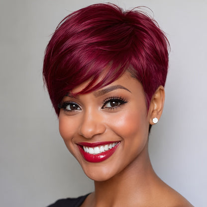 Synthetic Wig 6-Inch Glueless Layered Pixie Bob in Burgundy or Olive Brown for Daily Looks