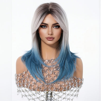 Synthetic Wig 22-Inch Gradient Blue Ombre Layers with Bangs, Adjustable Cap and Rose Hair Net