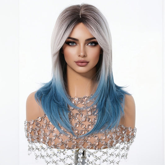 Synthetic Wig 22-Inch Gradient Blue Ombre Layers with Bangs, Adjustable Cap and Rose Hair Net