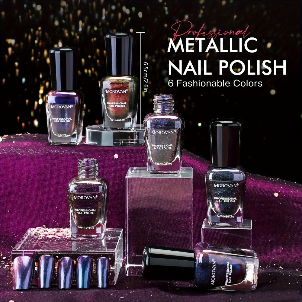 Six-Piece Holographic Nail Polish Set with Metallic Rainbow Shimmer Shades in 0.25 oz Air-Dry Bottles