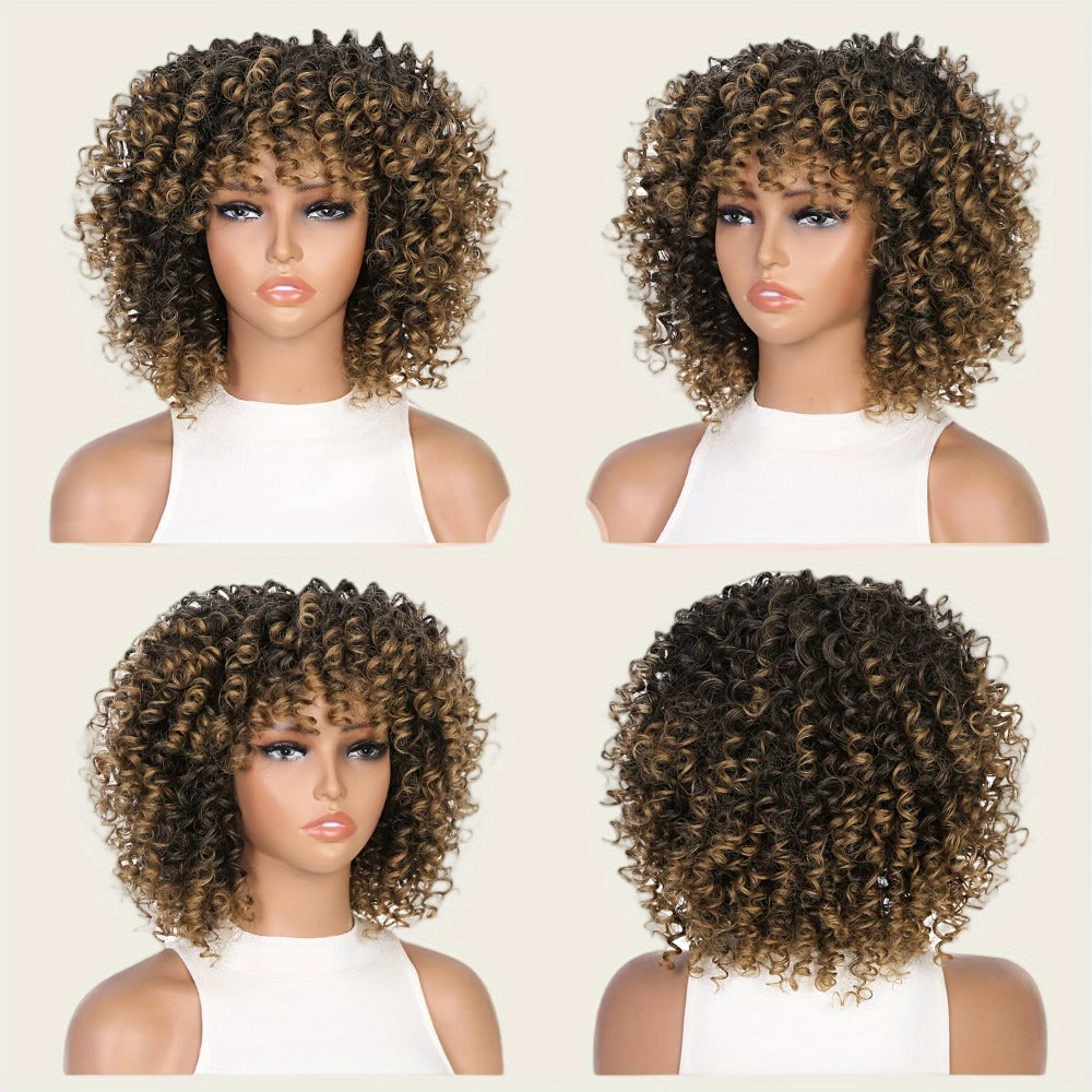 Afro Kinky Curly Wig for Black Women Short Synthetic Hair with Bangs 180% High Density Natural Fluffy Curls Stretch Cap Daily Wear Party Cosplay Fits All Head Sizes