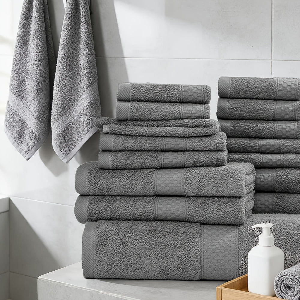 Towel Set 12, 16 or 18 Piece 450GSM Cotton-Blend Bath, Hand and Face Towels in Multiple Colors