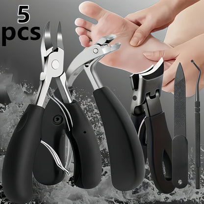 Angled-Jaw Nail Clipper Set, Five-Piece Black-Handle Kit with 25-Degree Tool, Lifter and File