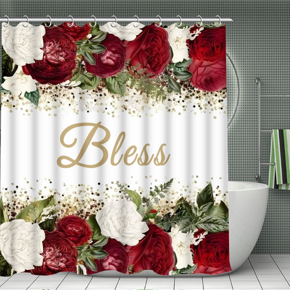 Four-Piece Rose and Bless Shower Curtain Set with Coordinated Mats, Lid Cover and Twelve White Hooks