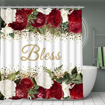 Four-Piece Rose and Bless Shower Curtain Set with Coordinated Mats, Lid Cover and Twelve White Hooks
