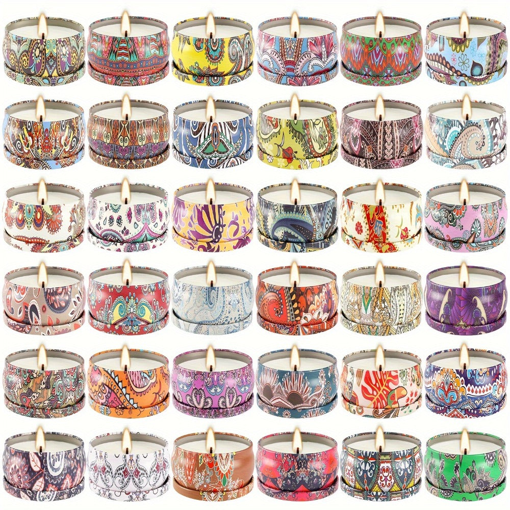 36-Piece Candle Gift Set with Lidded 2.5oz Decorative Tins in Three Coordinated Design Families