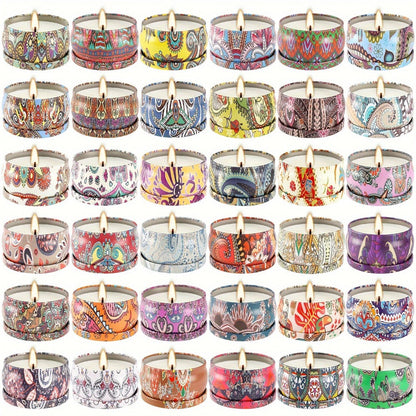 36-Piece Candle Gift Set with Lidded 2.5oz Decorative Tins in Three Coordinated Design Families
