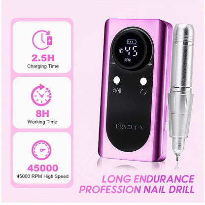 Nail Drill 45000 RPM LCD Display Adjustable Speed Cordless Electric Nail File Low Noise Manicure Machine Buffing Polishing Tool Set for Salon Home Women Nail Techs Pink White Purple