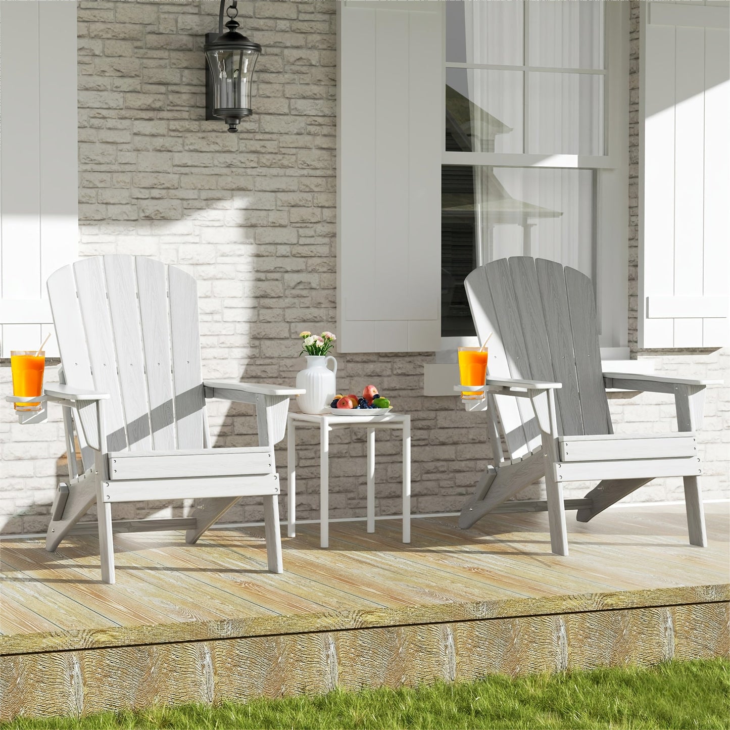 Folding HDPE Adirondack Outdoor Chair with Cup Holder in Four Colors and One-, Two- or Four-Piece Sets