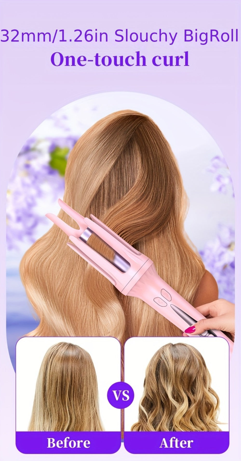 Dual-Slot 32mm Curling Iron with 30-Minute Auto Shutoff, C301 Stand and Purple or Pink Finish