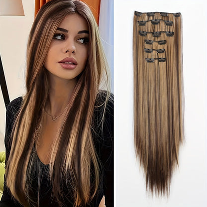 24-Inch Clip-In Hair Extension Set with Six Wefts and 16 Clips in Black or Mixed Color Options