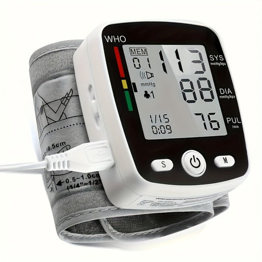 Blood Pressure Monitor Wrist Device with Rechargeable Power, Large LCD, Voice Readout and Two-User 198-Reading Memory