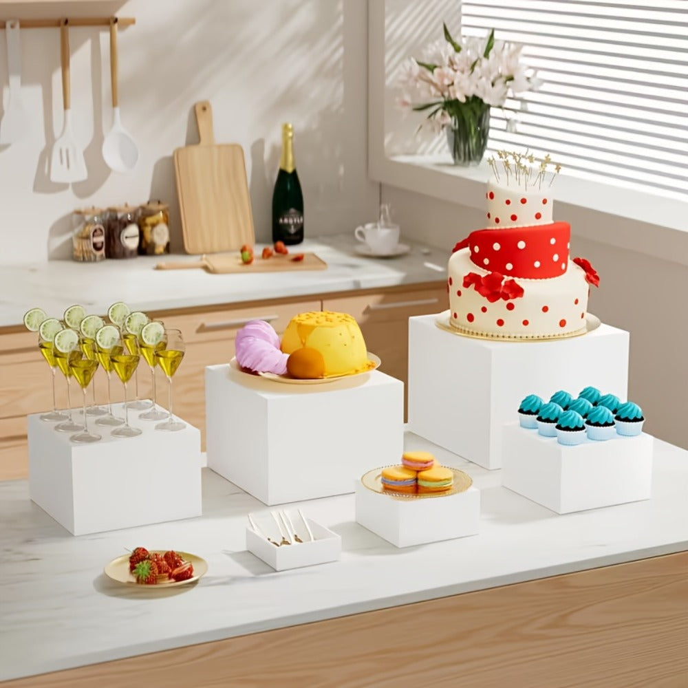 Display Stands 6pcs Five-Sided Square Buffet Risers - White Transparent Dessert Cake Display Storage Rack for Party Wedding Catering Retail Boutique Gallery Home Decor