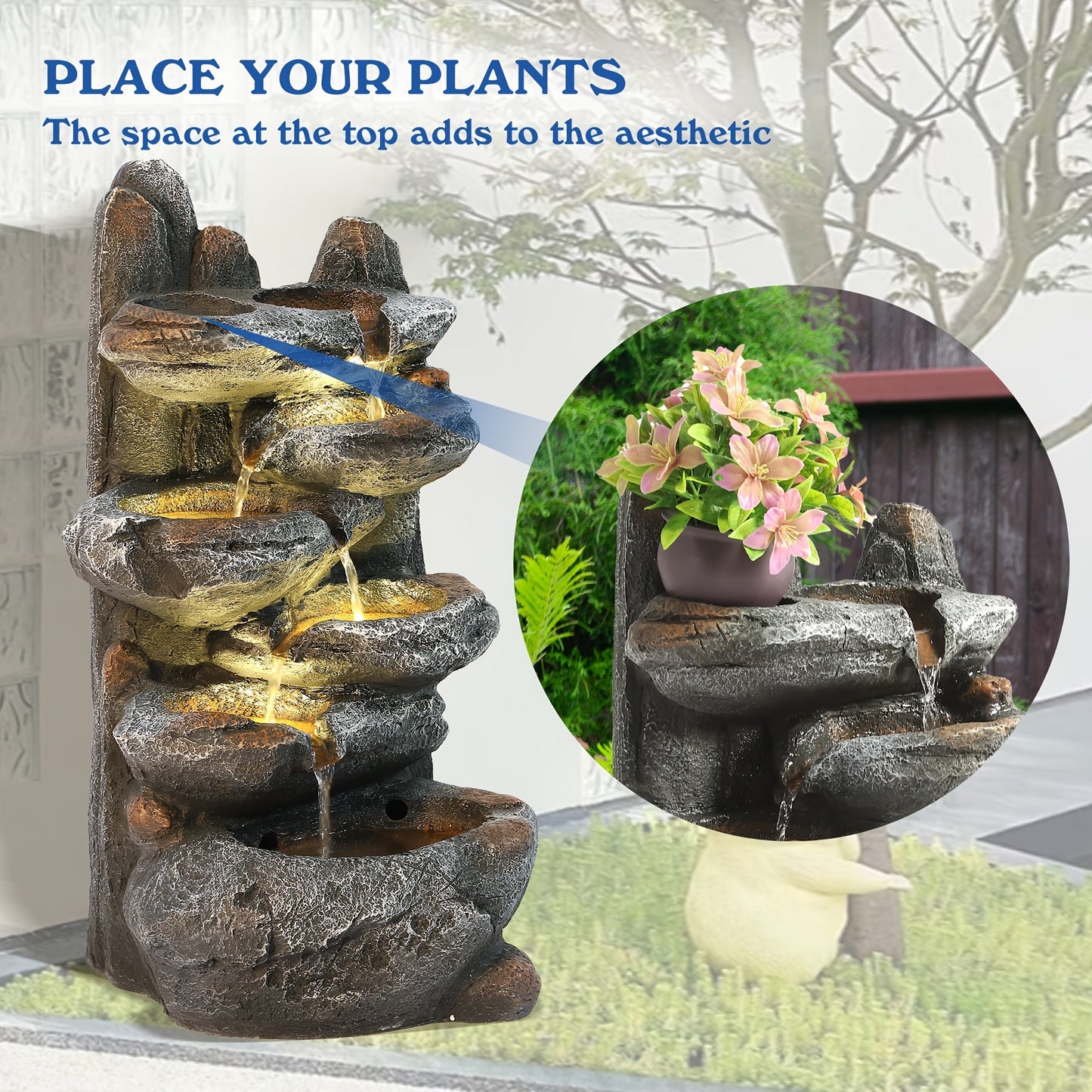 Outdoor Water Fountain 6-Tier Cascading Garden Fountain with LED Lights, Pump & Rocky Peak Decor – IPX5 Waterproof Stone Waterfall for Yard Patio