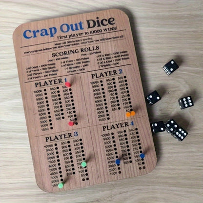 Two-Piece Wooden Dice Scoreboard Set with Six Dice, Twelve Pegs and Printed Four-Player Rules