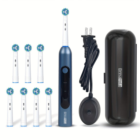 Electric Toothbrush with Eight Round Brush Heads, Three Modes, Induction Charging, IPX7 Rating and Travel Case
