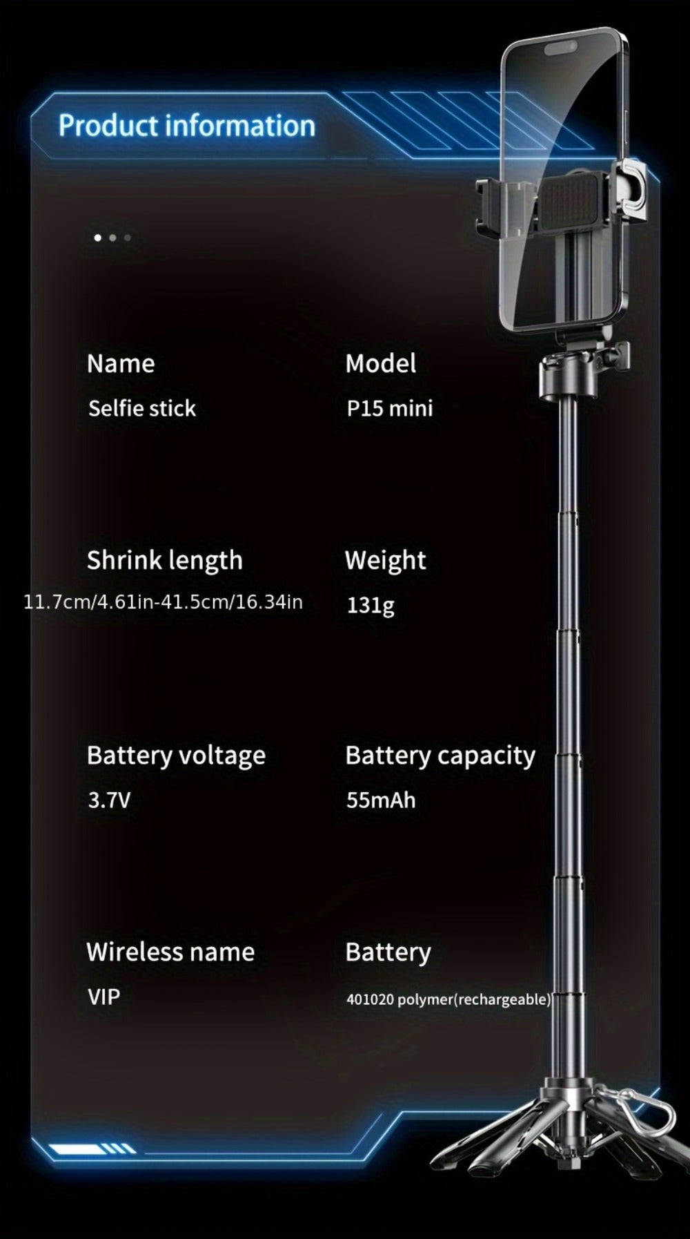 16-Inch Selfie Stick Tripod with One-Click Folding Grip, Rotating Clamp, Remote and Two Colors
