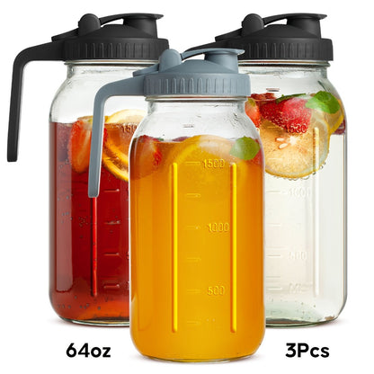 Mason Jar Pitcher 64oz Wide Mouth Glass Pitcher with Pour Spout & Handle – 2 Pack Leak Proof Iced Tea Pitcher for Fridge, Coffee Creamer, Sun Tea & Juice