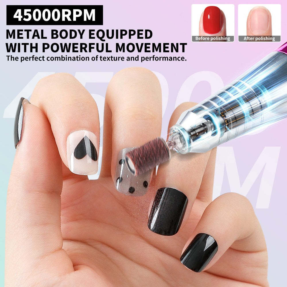 Nail Drill Machine 45000 RPM Cordless Rechargeable Electric Nail File Efile for Acrylic Gel Natural Nails – Professional Manicure Pedicure Polishing Shaping Tool for Salon & Home Use