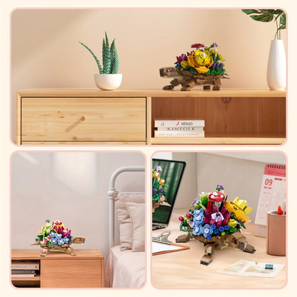 Turtle Flower Planter Building Block Set with 510 Pieces and 7.2-Inch Display Base for Adult Desk and Shelf Decor
