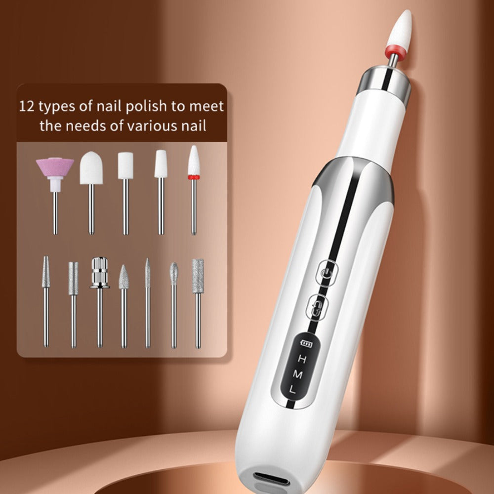 Electric Nail Drill Cordless USB Rechargeable Pen with Bit and Sanding Band Set in Gold or White
