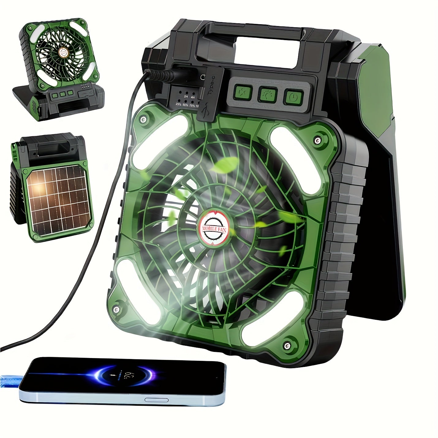Solar Camping Fan and Light with Folding Panel, USB-C Input, Timer Controls and Three Color Options