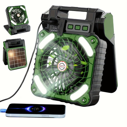 Solar Camping Fan and Light with Folding Panel, USB-C Input, Timer Controls and Three Color Options