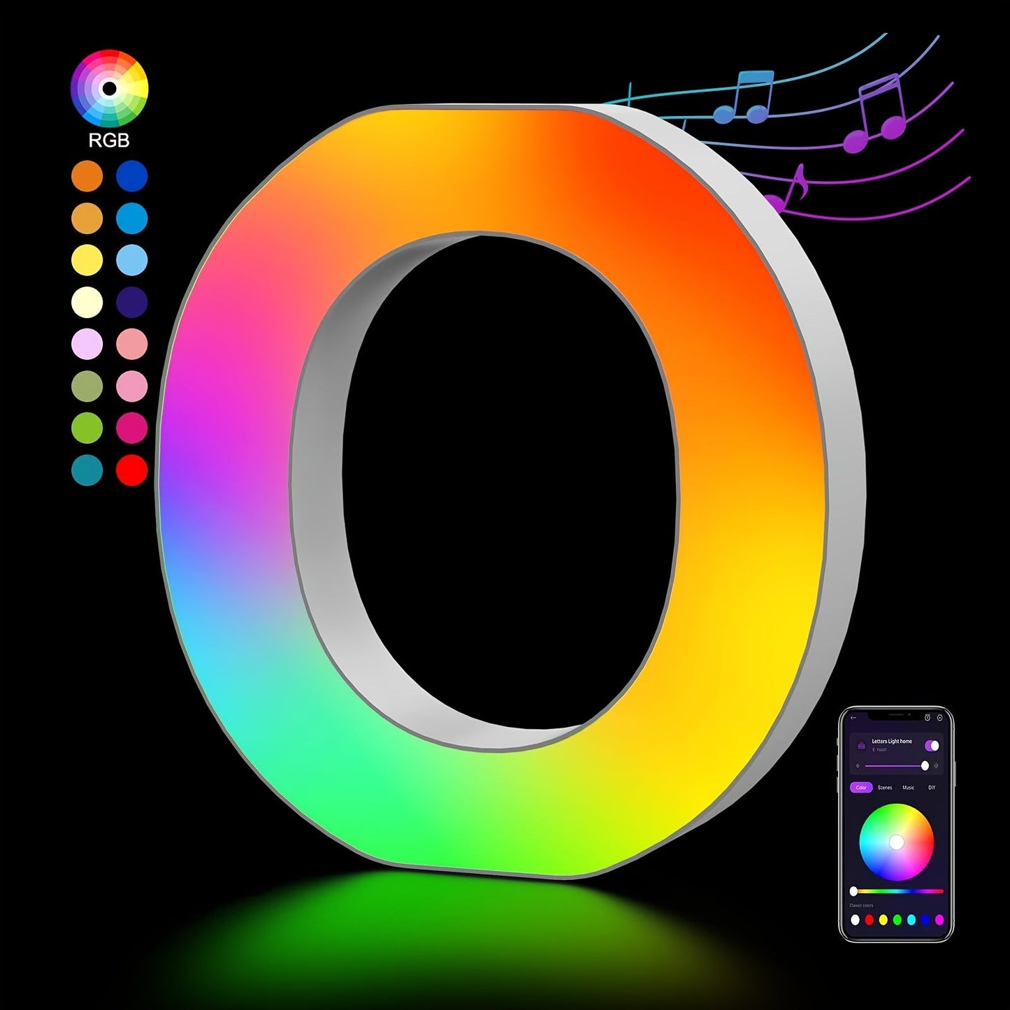 RGB LED Letter and Number Light with 38 Checkout Shapes, USB Power, App Control and Music Sync