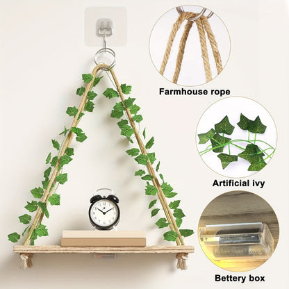 Hanging Wall Shelf Set with Macrame-Style Ropes, Artificial Ivy, LED Light Strands and 2- to 4-Piece Options
