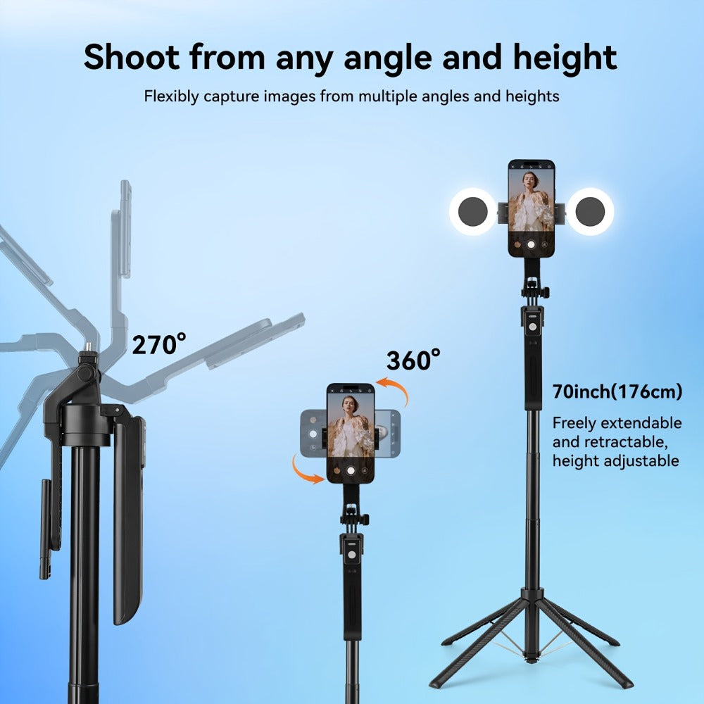 AI Selfie Stick Tripod with 360° Face Tracking, Built-In Fill Light & Wireless Remote – Sleek Metal Finish, Adjustable Height, Compatible with iPhone & Android for YouTube TikTok Vlogging Travel Photography