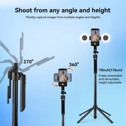 AI Selfie Stick Tripod with 360° Face Tracking, Built-In Fill Light & Wireless Remote – Sleek Metal Finish, Adjustable Height, Compatible with iPhone & Android for YouTube TikTok Vlogging Travel Photography