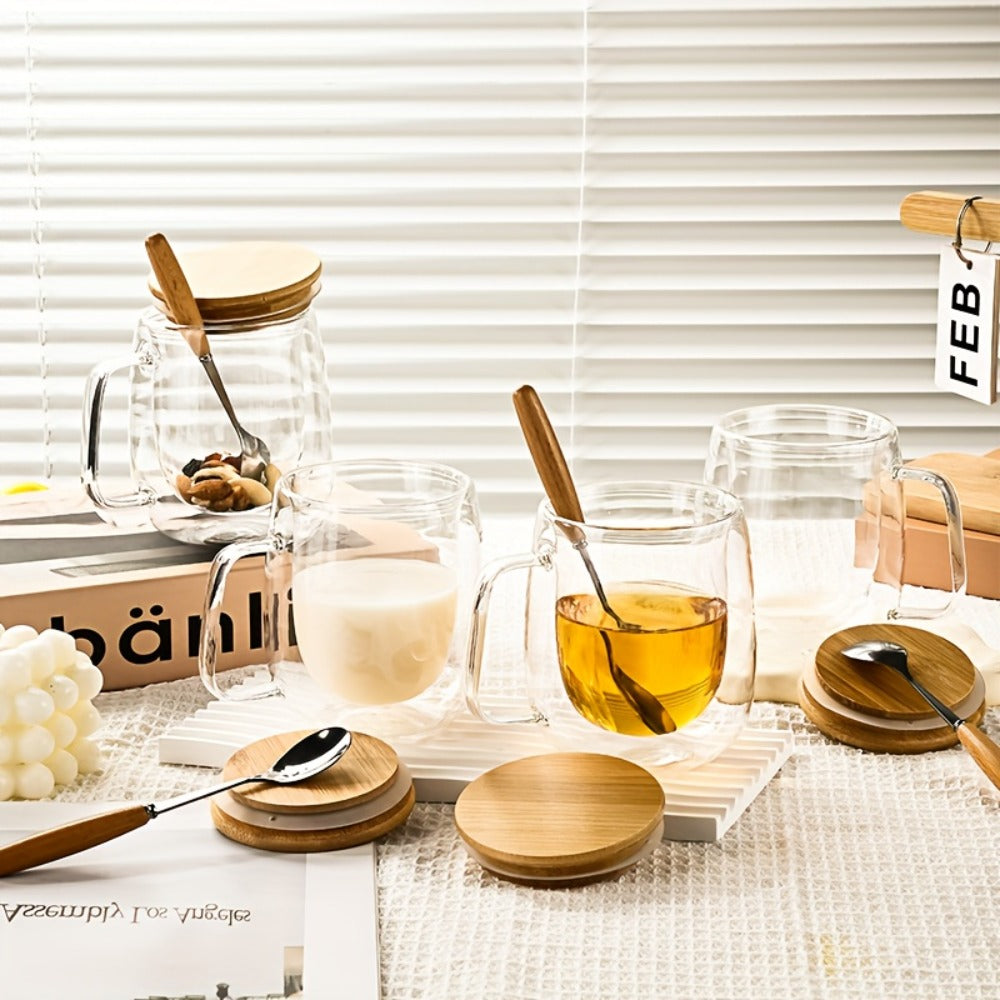 Four-Piece Double-Wall Glass Coffee Cup Set with 350 ml Capacity, Wooden-Style Lids and Spoons