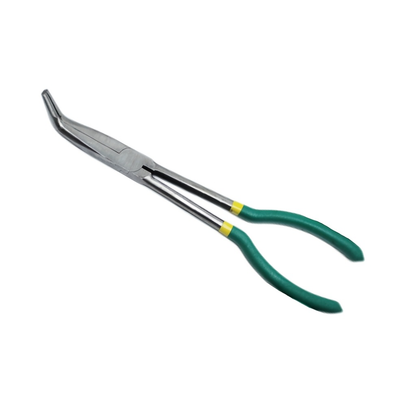 Eleven-Inch Long-Nose Fishing Pliers with 45-Degree Bent Tips, Green Grips and Narrow Hook-Access Profile